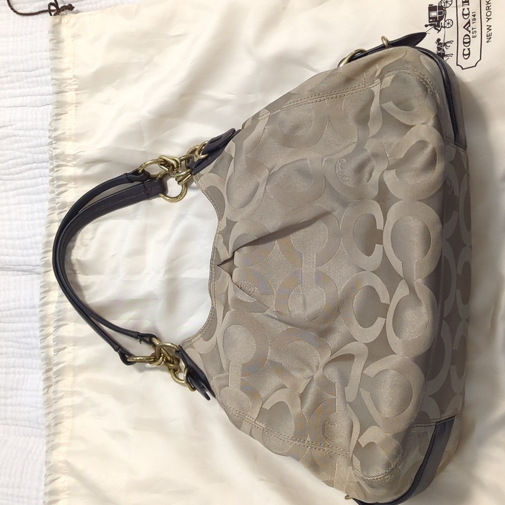 Coach Khaki Purse, Dark Brown Leather and Gold Accents - Picture 2 of 12